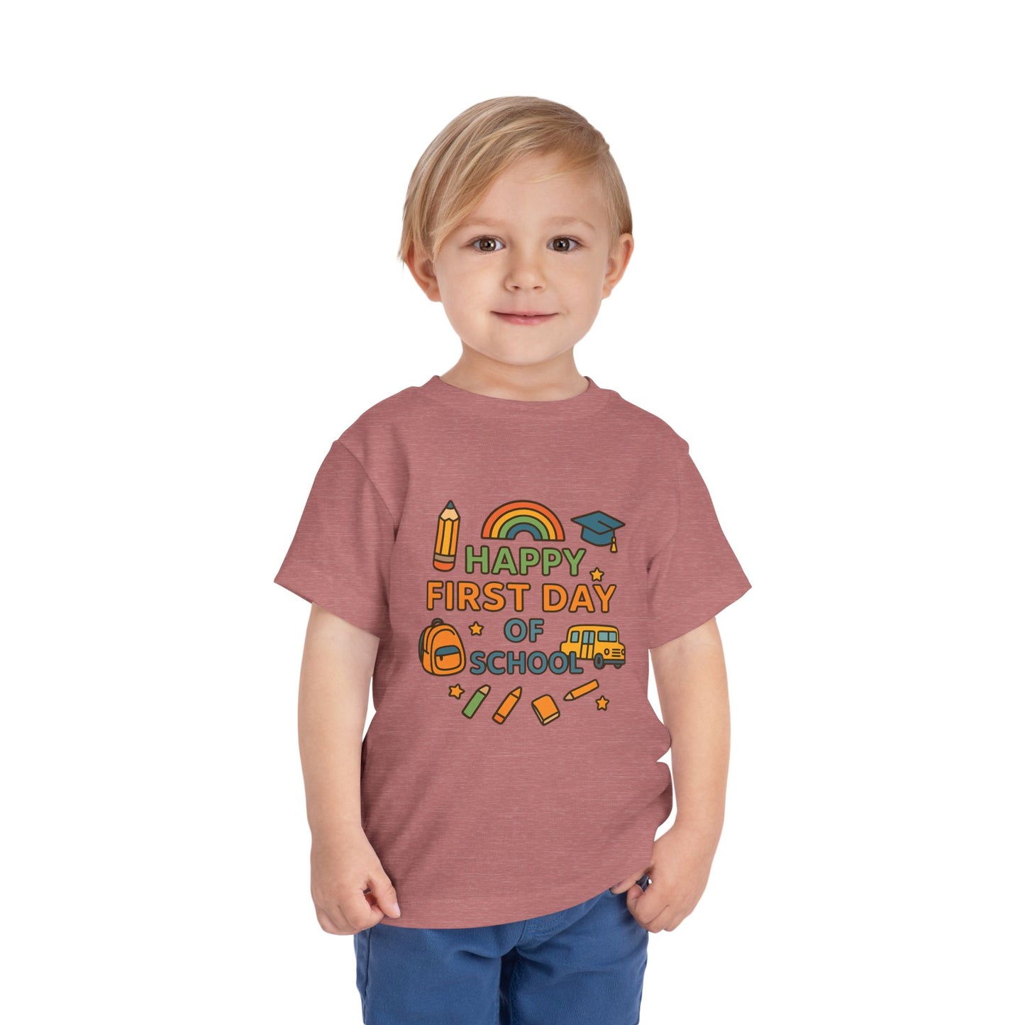 Happy First Day of School Toddler Tee, Kids School Shirt, Back to School Outfit, Rainbow Graphic Tee, Toddler Gift