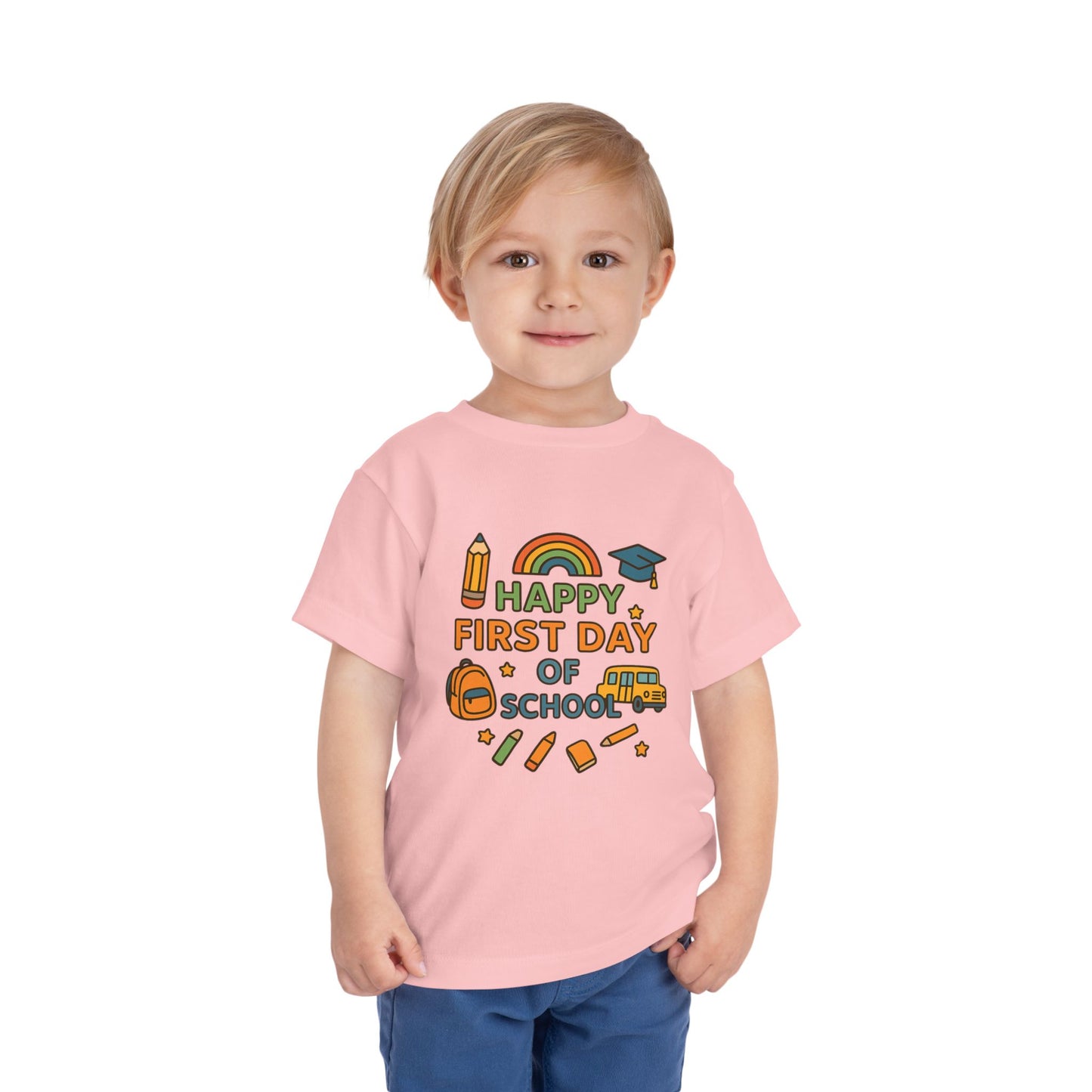 Happy First Day of School Toddler Tee, Kids School Shirt, Back to School Outfit, Rainbow Graphic Tee, Toddler Gift