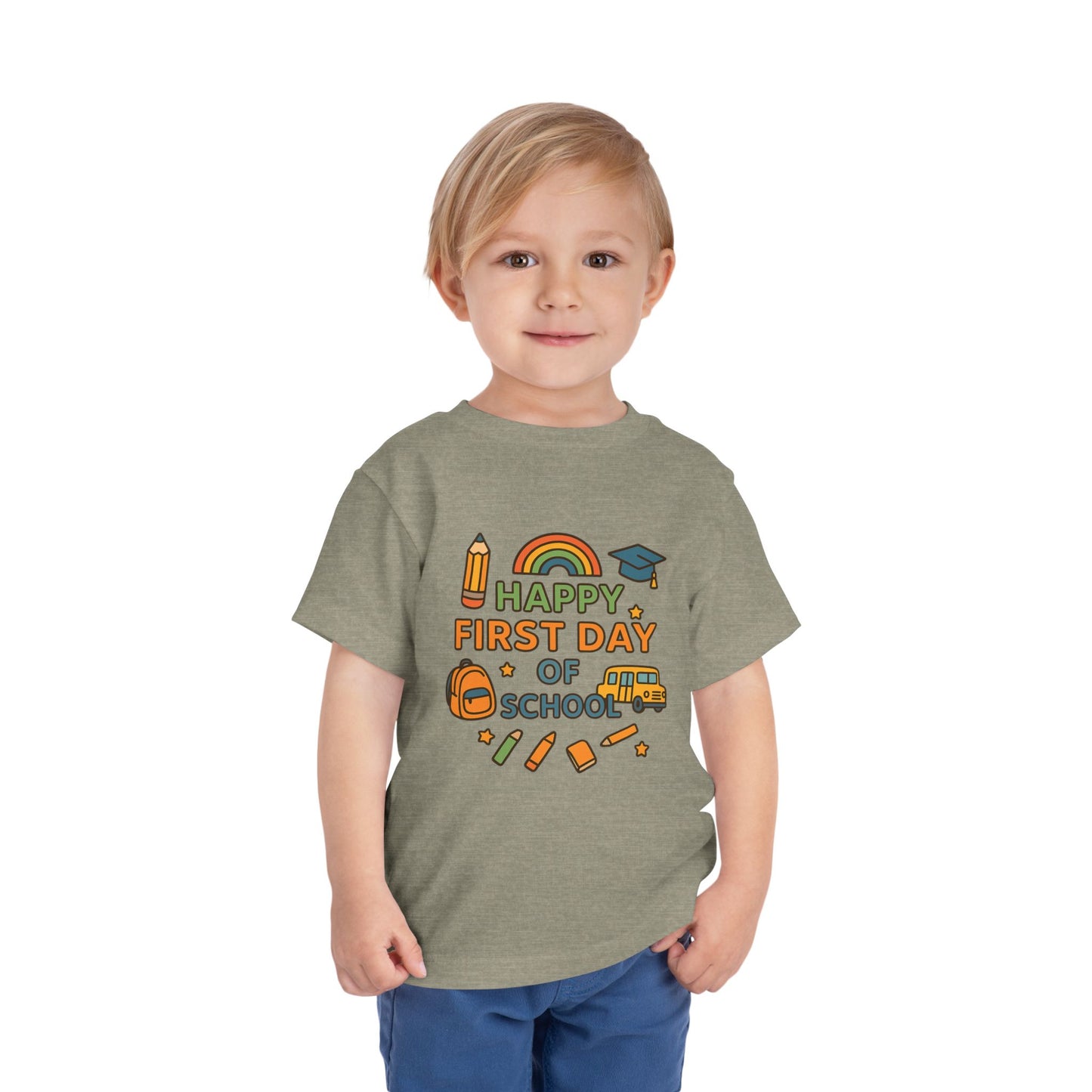 Happy First Day of School Toddler Tee, Kids School Shirt, Back to School Outfit, Rainbow Graphic Tee, Toddler Gift