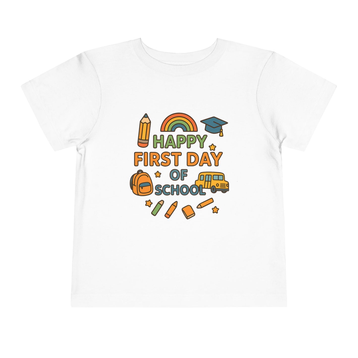 Happy First Day of School Toddler Tee, Kids School Shirt, Back to School Outfit, Rainbow Graphic Tee, Toddler Gift