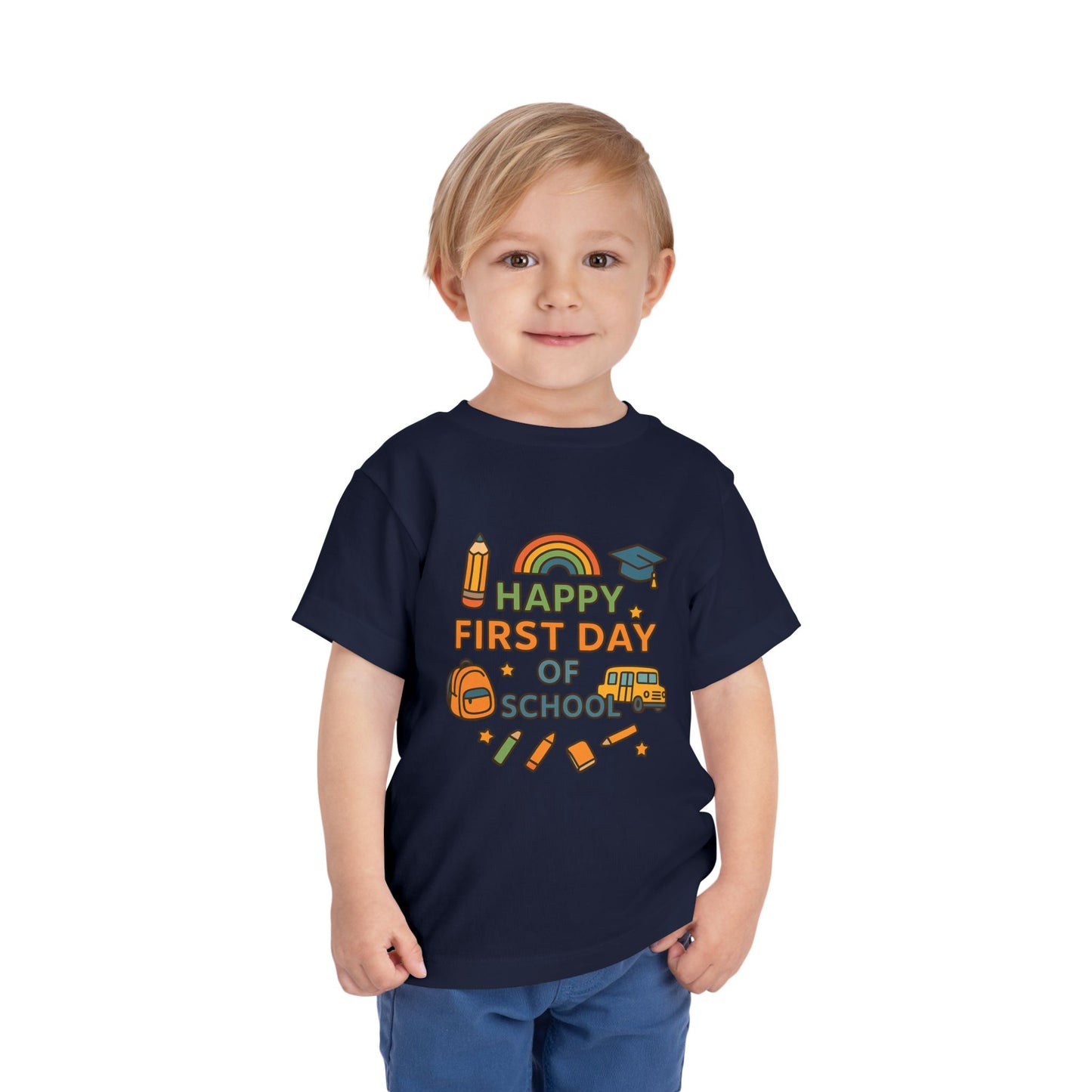 Happy First Day of School Toddler Tee, Kids School Shirt, Back to School Outfit, Rainbow Graphic Tee, Toddler Gift