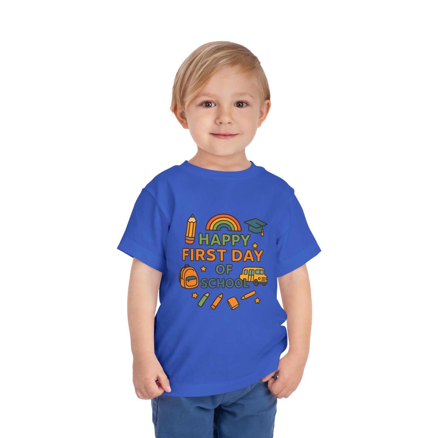 Happy First Day of School Toddler Tee, Kids School Shirt, Back to School Outfit, Rainbow Graphic Tee, Toddler Gift