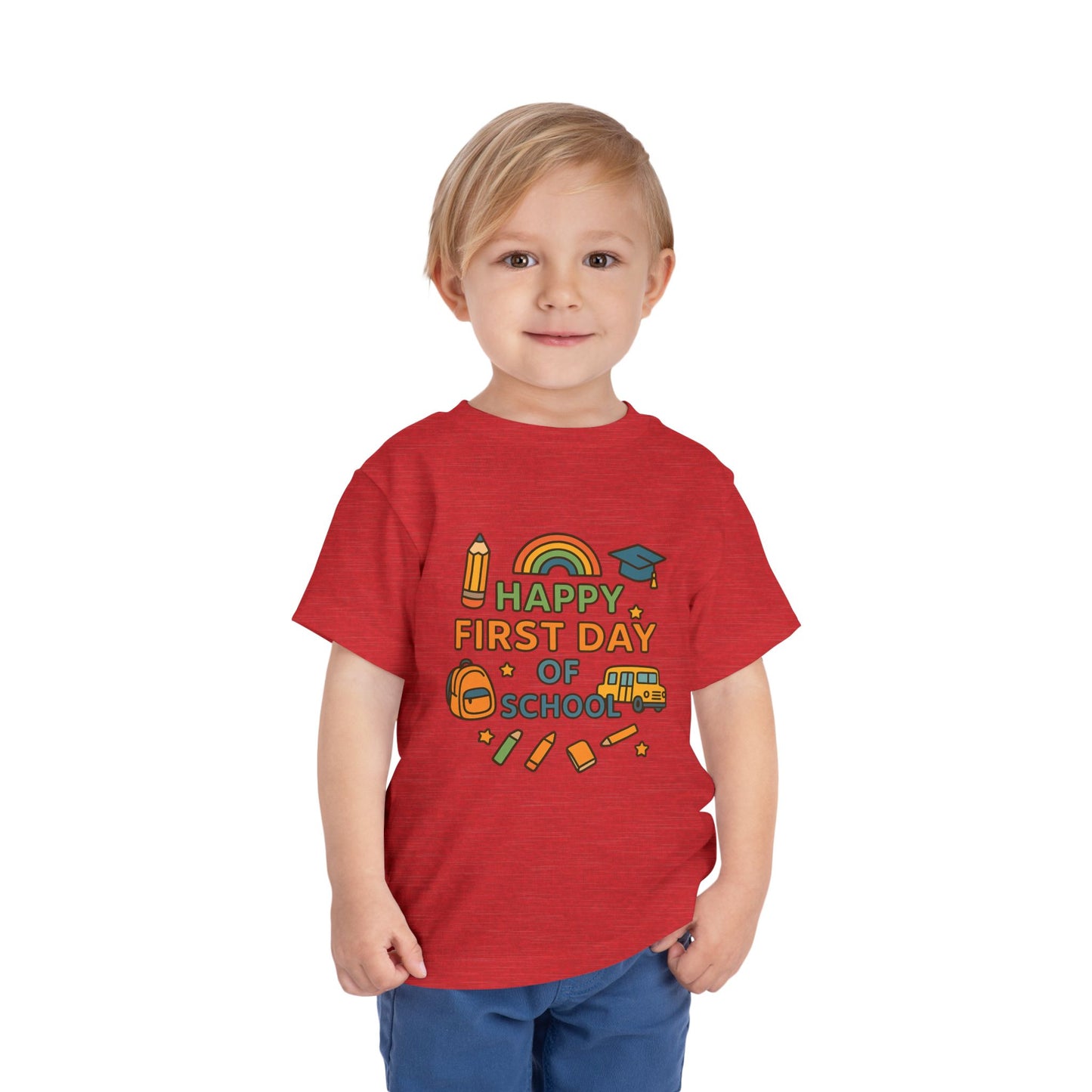 Happy First Day of School Toddler Tee, Kids School Shirt, Back to School Outfit, Rainbow Graphic Tee, Toddler Gift