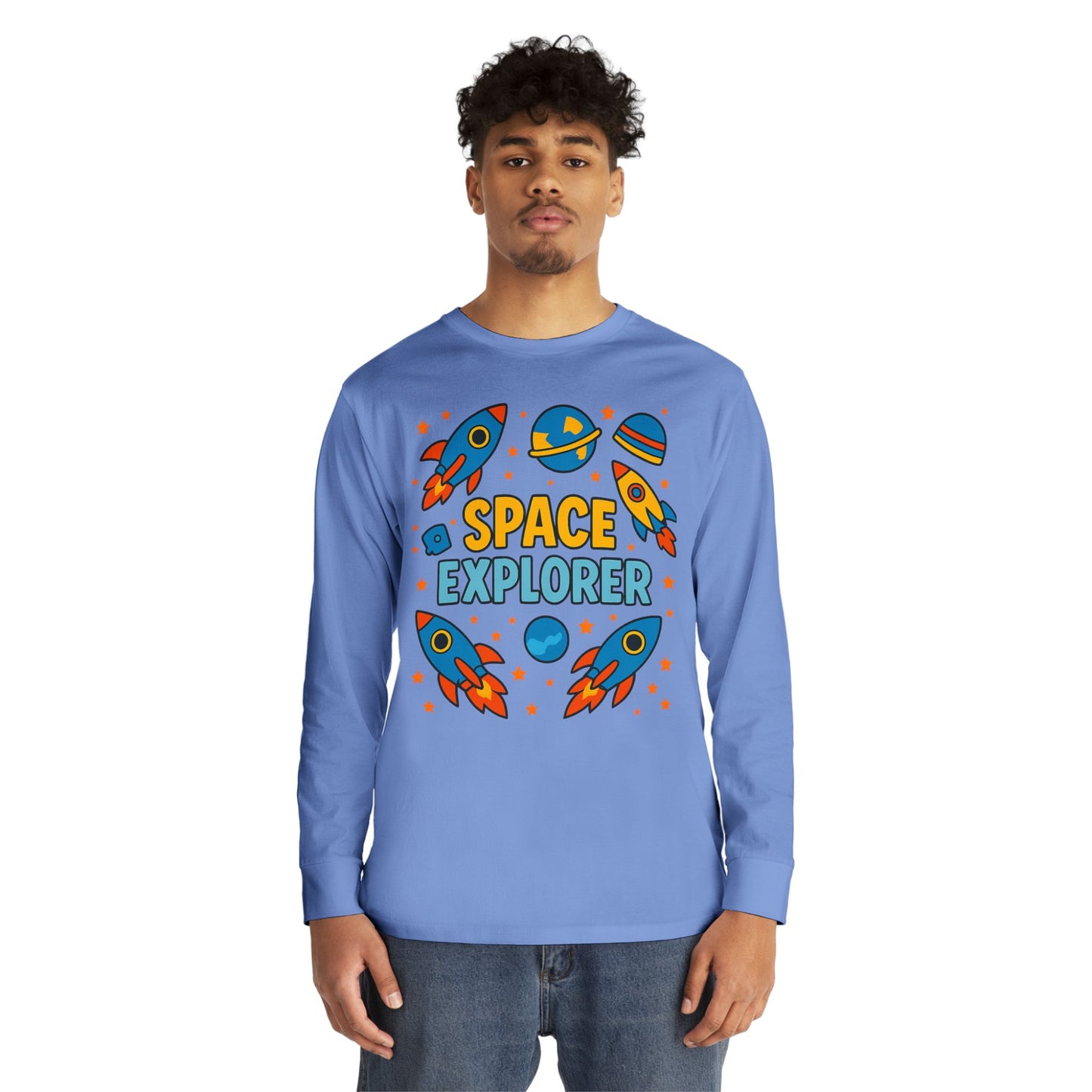 Space Explorer Long Sleeve Crewneck Tee | Perfect for Kids, Birthday Gift, Space Theme Party, Fun Activities, Everyday Wear