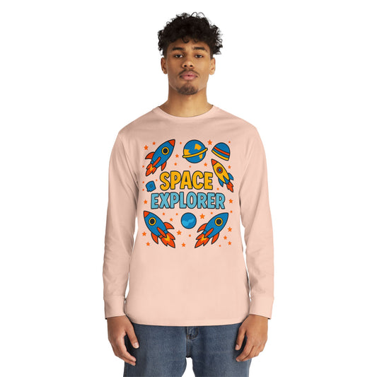 Space Explorer Long Sleeve Crewneck Tee | Perfect for Kids, Birthday Gift, Space Theme Party, Fun Activities, Everyday Wear