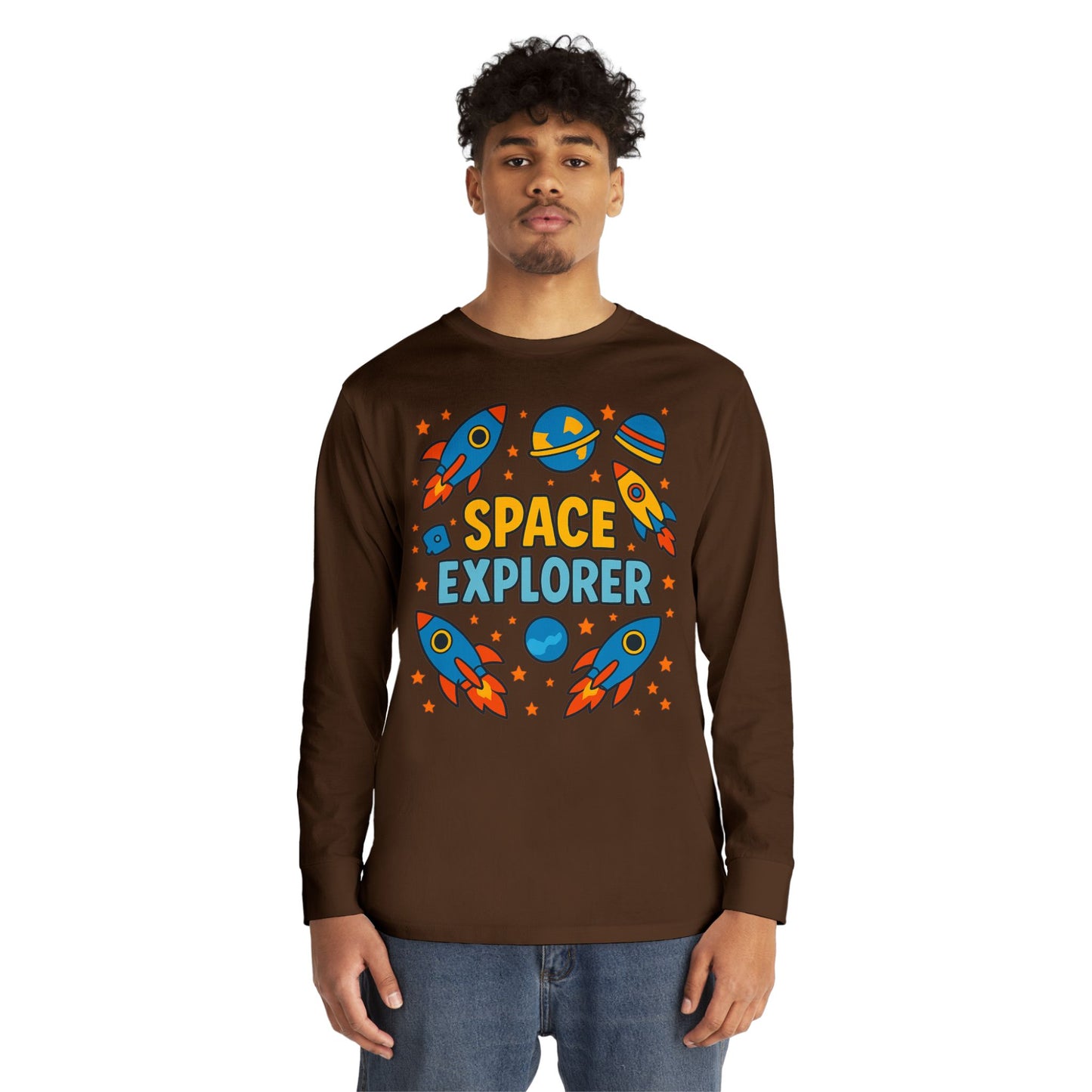 Space Explorer Long Sleeve Crewneck Tee | Perfect for Kids, Birthday Gift, Space Theme Party, Fun Activities, Everyday Wear