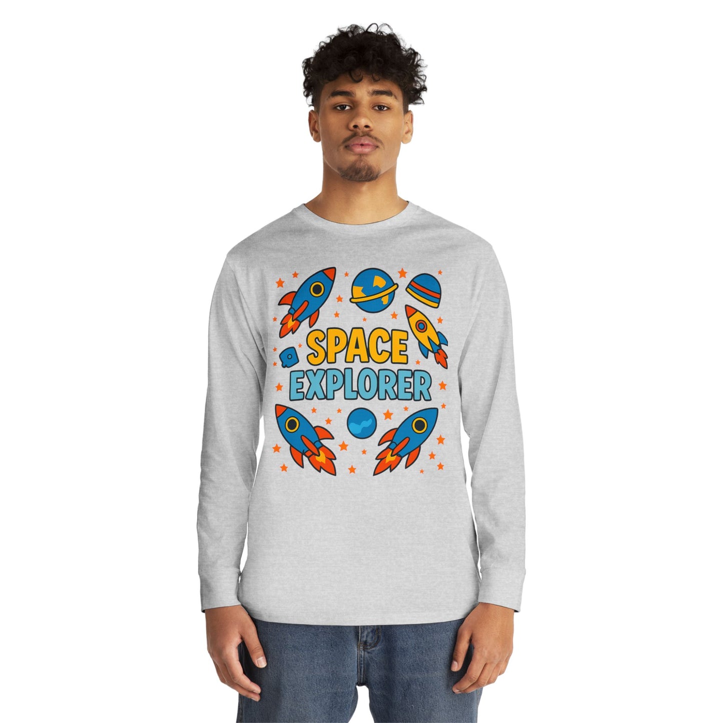 Space Explorer Long Sleeve Crewneck Tee | Perfect for Kids, Birthday Gift, Space Theme Party, Fun Activities, Everyday Wear