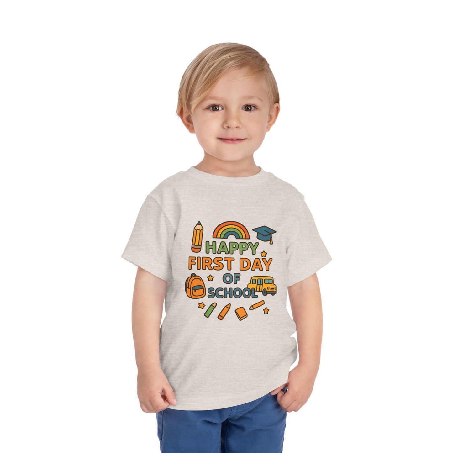 Happy First Day of School Toddler Tee, Kids School Shirt, Back to School Outfit, Rainbow Graphic Tee, Toddler Gift