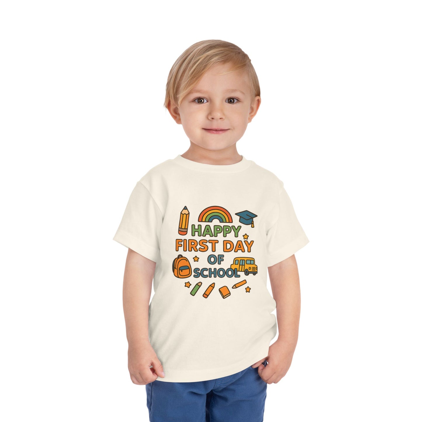 Happy First Day of School Toddler Tee, Kids School Shirt, Back to School Outfit, Rainbow Graphic Tee, Toddler Gift