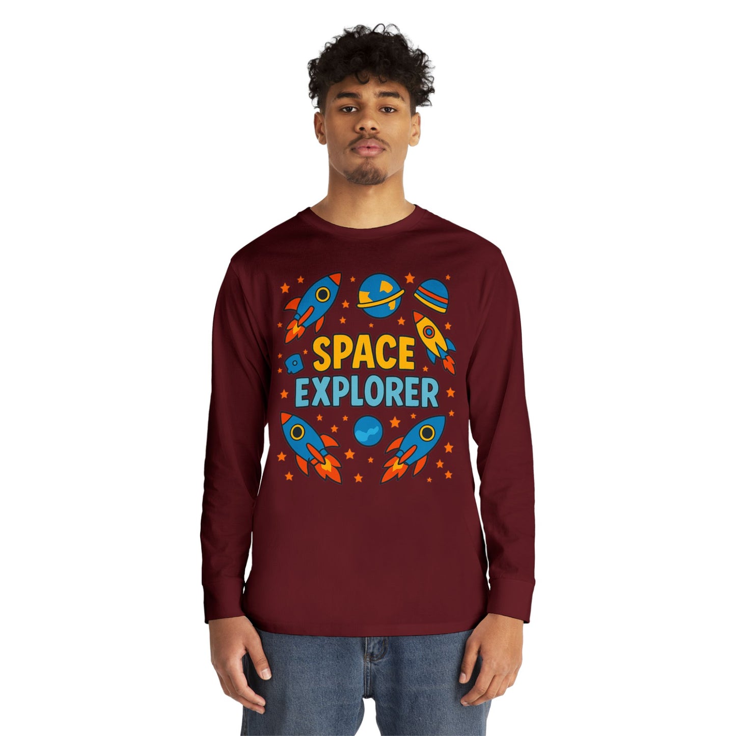 Space Explorer Long Sleeve Crewneck Tee | Perfect for Kids, Birthday Gift, Space Theme Party, Fun Activities, Everyday Wear