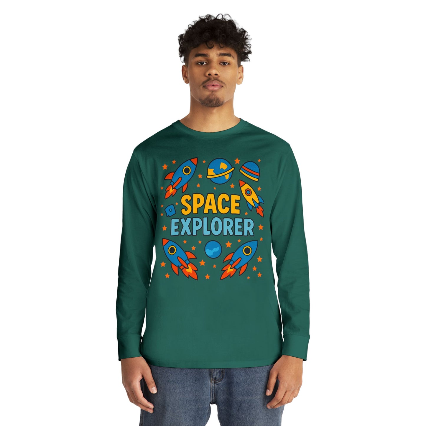 Space Explorer Long Sleeve Crewneck Tee | Perfect for Kids, Birthday Gift, Space Theme Party, Fun Activities, Everyday Wear