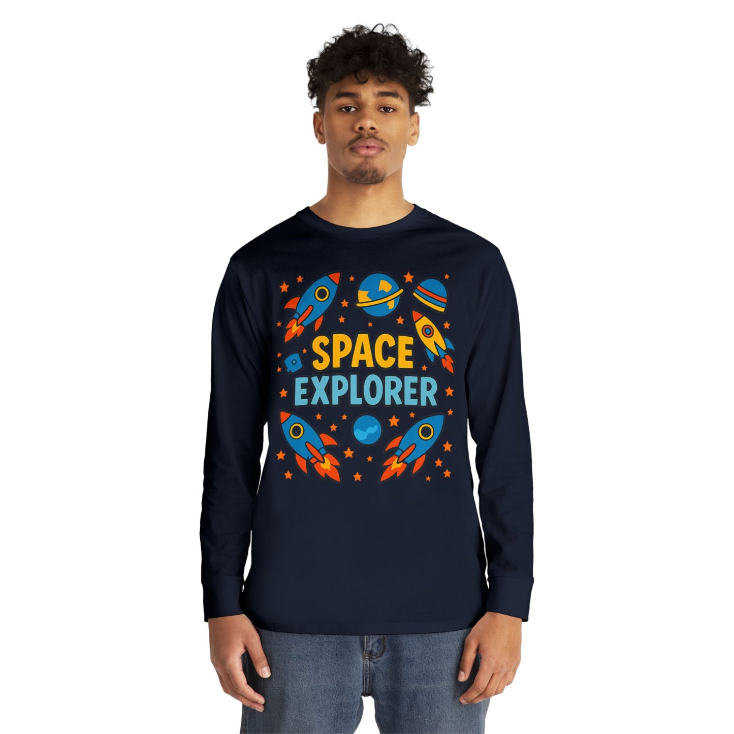 Space Explorer Long Sleeve Crewneck Tee | Perfect for Kids, Birthday Gift, Space Theme Party, Fun Activities, Everyday Wear