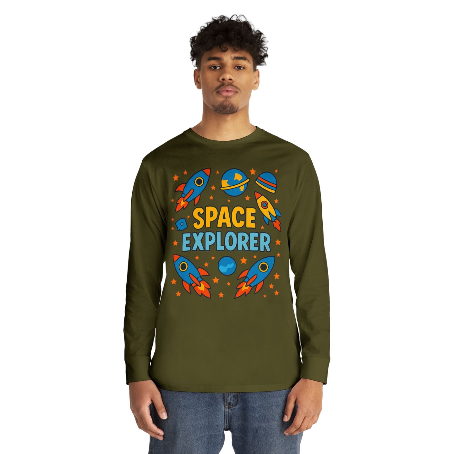 Space Explorer Long Sleeve Crewneck Tee | Perfect for Kids, Birthday Gift, Space Theme Party, Fun Activities, Everyday Wear