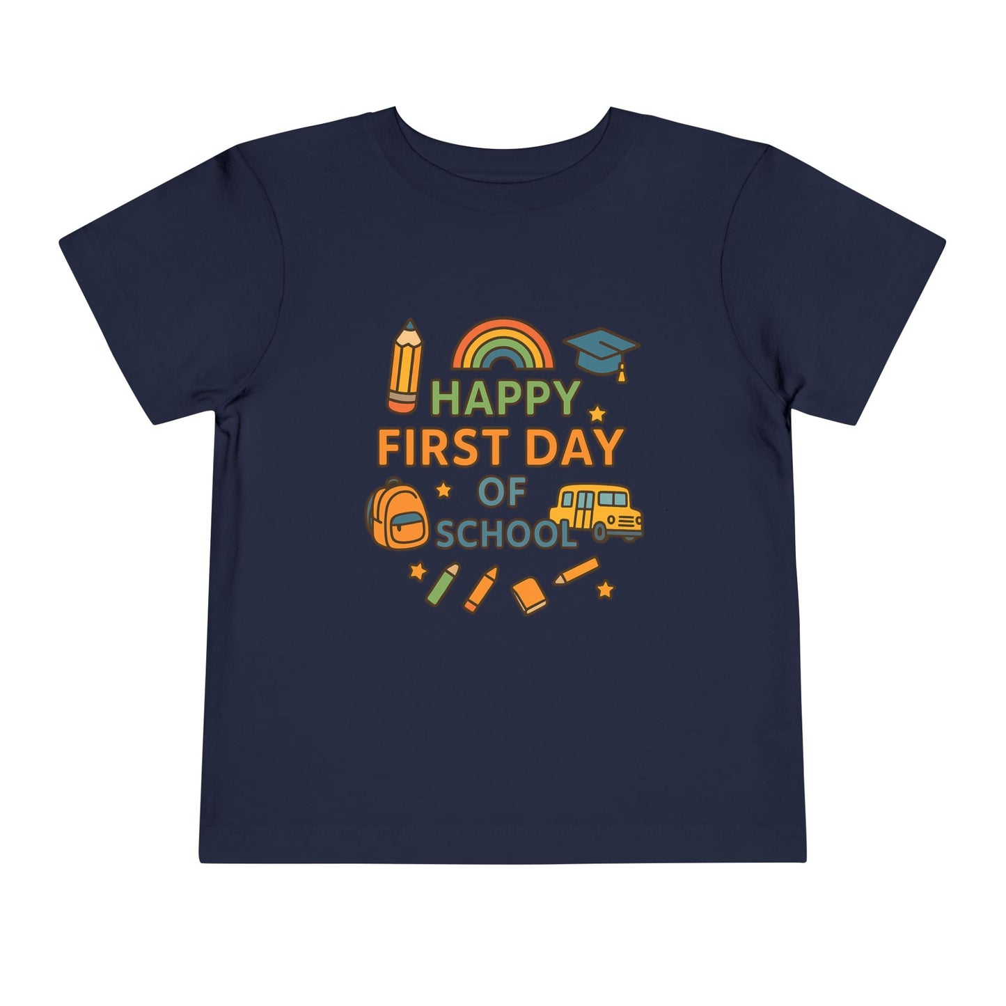 Happy First Day of School Toddler Tee, Kids School Shirt, Back to School Outfit, Rainbow Graphic Tee, Toddler Gift