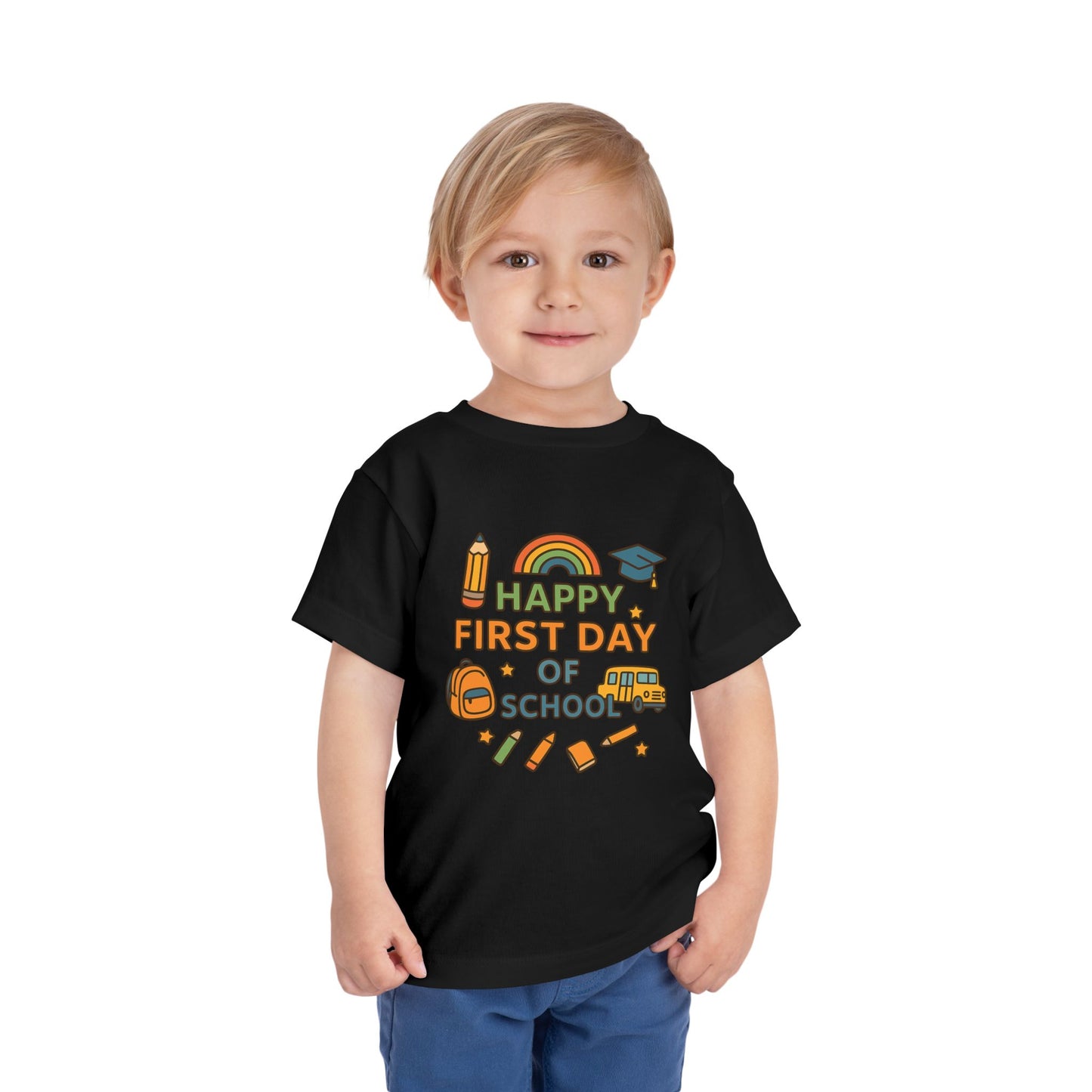 Happy First Day of School Toddler Tee, Kids School Shirt, Back to School Outfit, Rainbow Graphic Tee, Toddler Gift