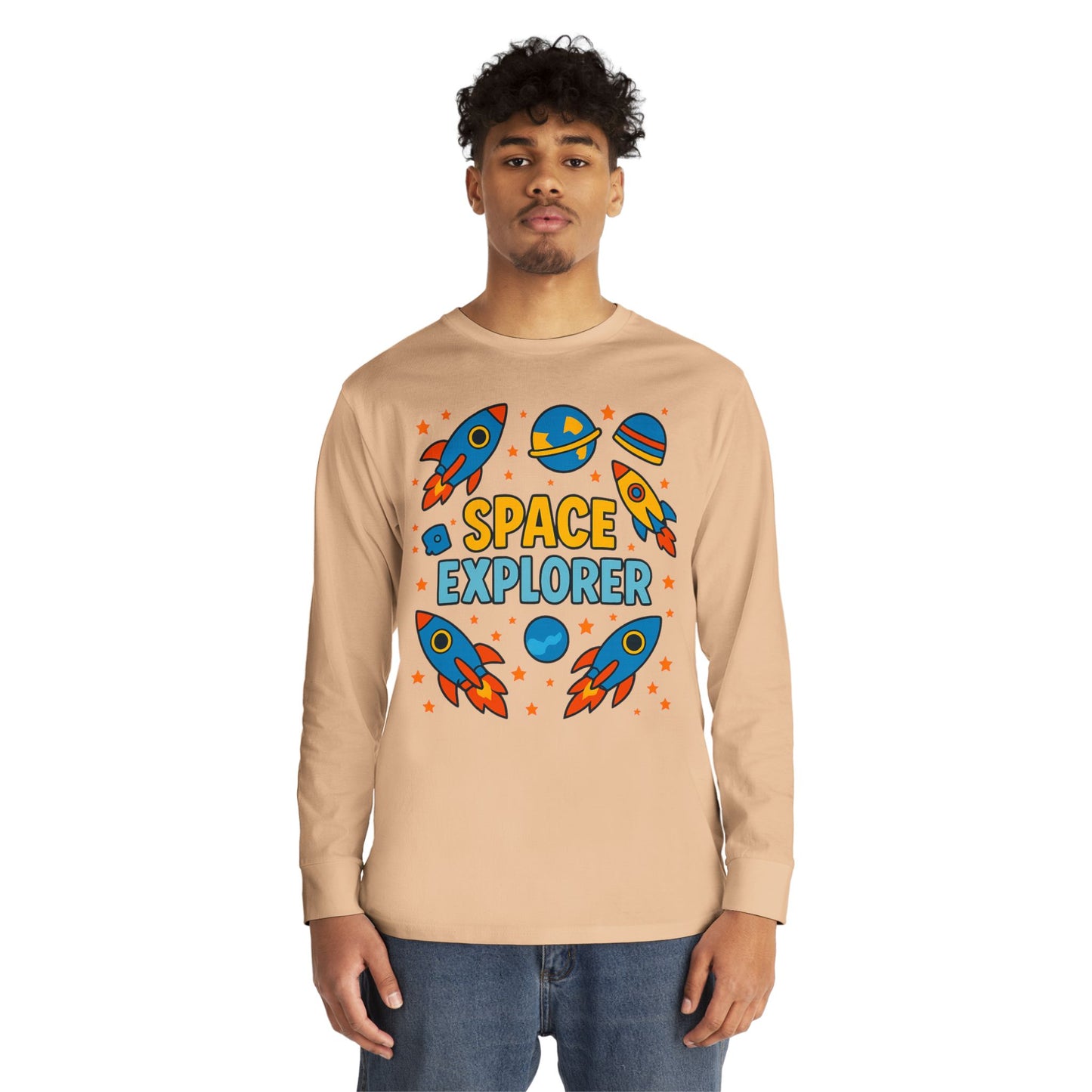Space Explorer Long Sleeve Crewneck Tee | Perfect for Kids, Birthday Gift, Space Theme Party, Fun Activities, Everyday Wear