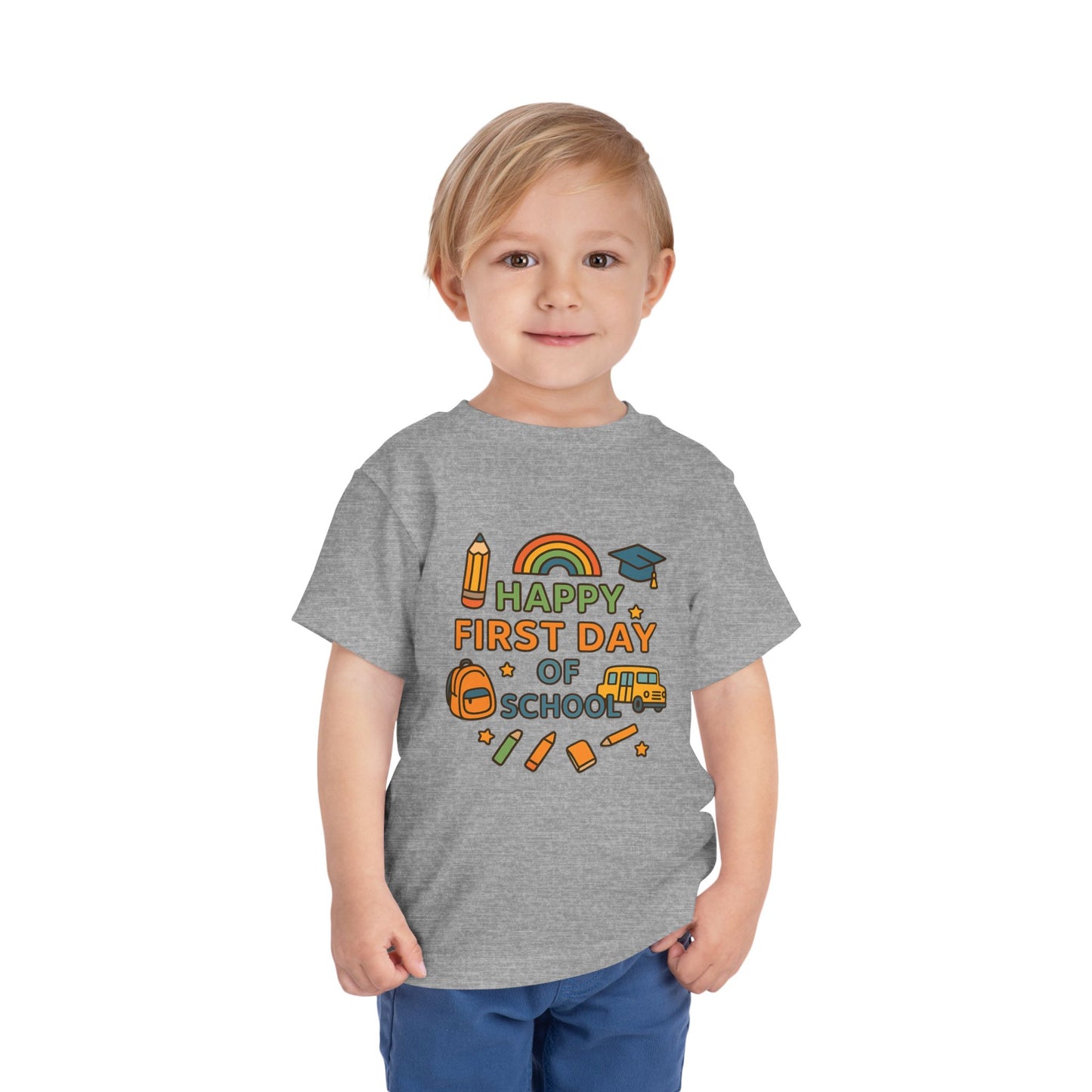 Happy First Day of School Toddler Tee, Kids School Shirt, Back to School Outfit, Rainbow Graphic Tee, Toddler Gift
