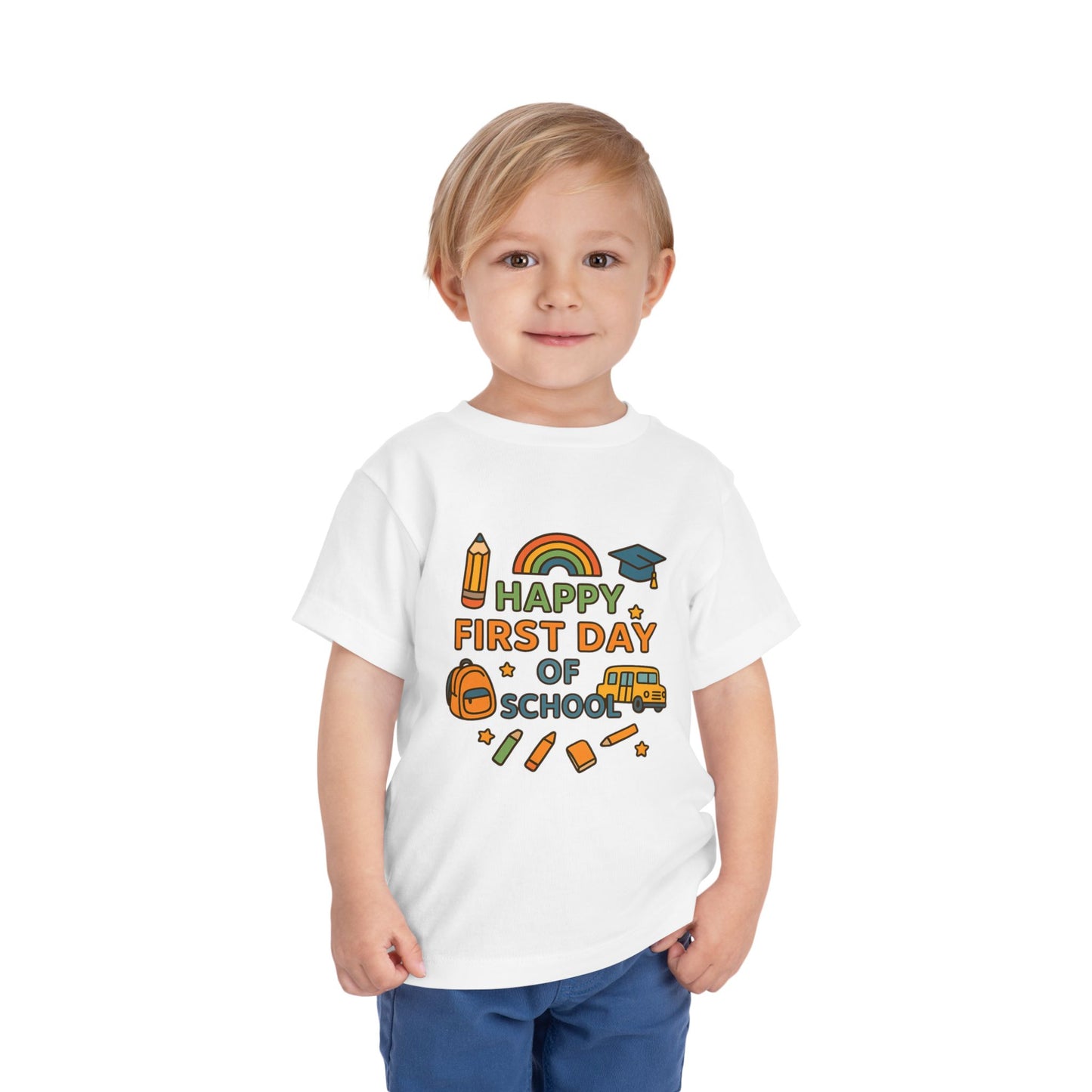 Happy First Day of School Toddler Tee, Kids School Shirt, Back to School Outfit, Rainbow Graphic Tee, Toddler Gift