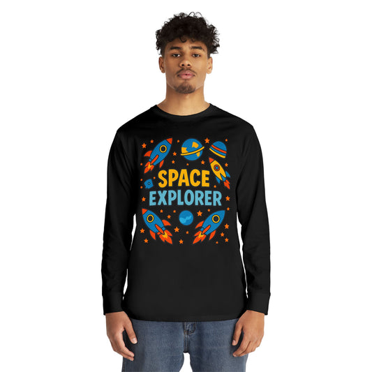 Space Explorer Long Sleeve Crewneck Tee | Perfect for Kids, Birthday Gift, Space Theme Party, Fun Activities, Everyday Wear