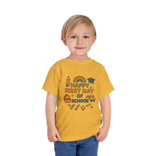 Happy First Day of School Toddler Tee, Kids School Shirt, Back to School Outfit, Rainbow Graphic Tee, Toddler Gift