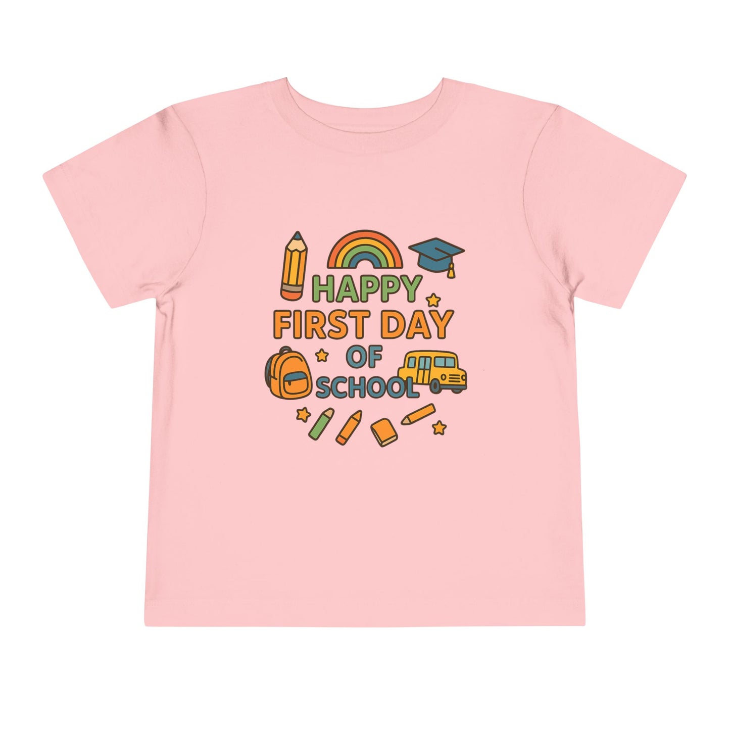 Happy First Day of School Toddler Tee, Kids School Shirt, Back to School Outfit, Rainbow Graphic Tee, Toddler Gift