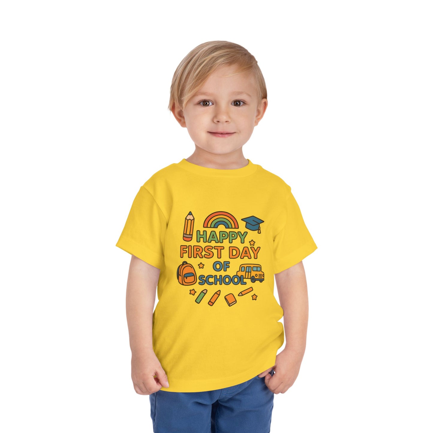Happy First Day of School Toddler Tee, Kids School Shirt, Back to School Outfit, Rainbow Graphic Tee, Toddler Gift